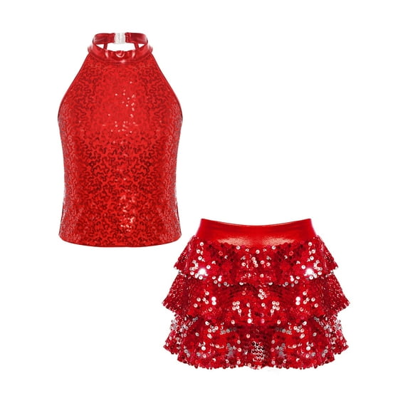 iiniim Kids Girls Latin Jazz Salsa Samba Rumba Dance Sequins Sleeveless Tank Top with Mini Skirt Set Red 16