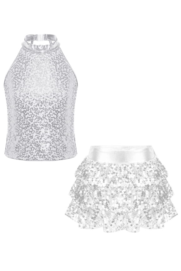 Kids Girls Latin Jazz Salsa Samba Rumba Dance Sequins Sleeveless Tank Top with Mini Skirt Set Silver 8