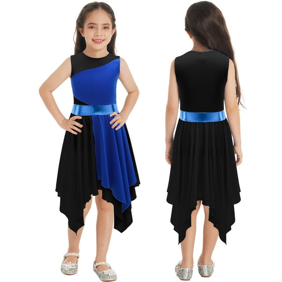 iiniim Girls Kids Sequins Ballet Asymmetric Lyrical Praise Dance Liturgical Metallic Color Block Modern Dress Blue&Black 6