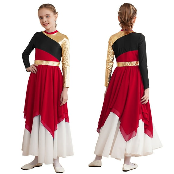 iiniim Kids Girls Dance Long Sleeve Metallic Color Block Ballet Dress Size 6-16 Burgundy 16