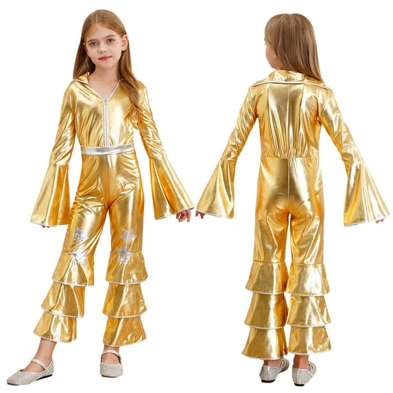 iiniim Kids Girls Long Flare Sleeve Retro Disco Jumpsuits Movie Star Singer Rave Party Bodysuits Gold 16