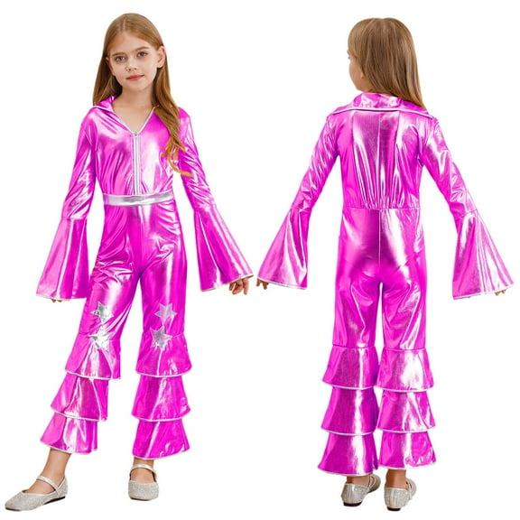 iiniim Kids Girls Long Flare Sleeve Retro Disco Jumpsuits Movie Star Singer Rave Party Bodysuits Hot Pink 10