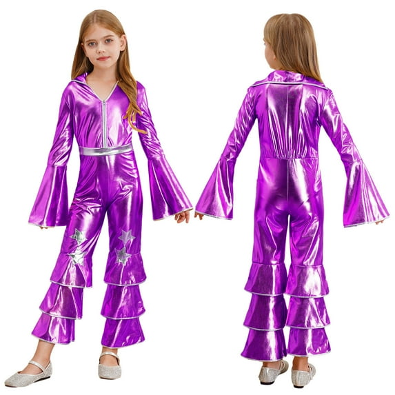 iiniim Kids Girls Long Flare Sleeve Retro Disco Jumpsuits Movie Star Singer Rave Party Bodysuits Purple 12