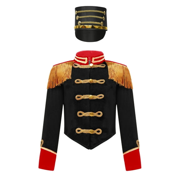 iiniim Kids Girls Long Sleeve Fringe Jacket Coat with Hat Band Team Uniform Party Performance Black 6