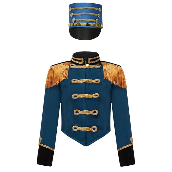 iiniim Kids Girls Long Sleeve Fringe Jacket Coat with Hat Band Team Uniform Party Performance Peacock 16