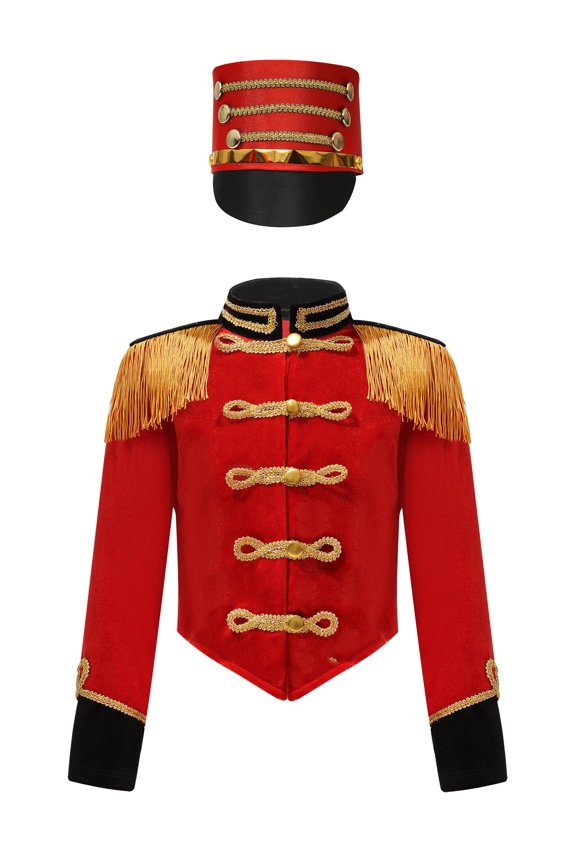 Kids Girls Long Sleeve Fringe Jacket Coat with Hat Band Team Uniform Party Performance Red 4