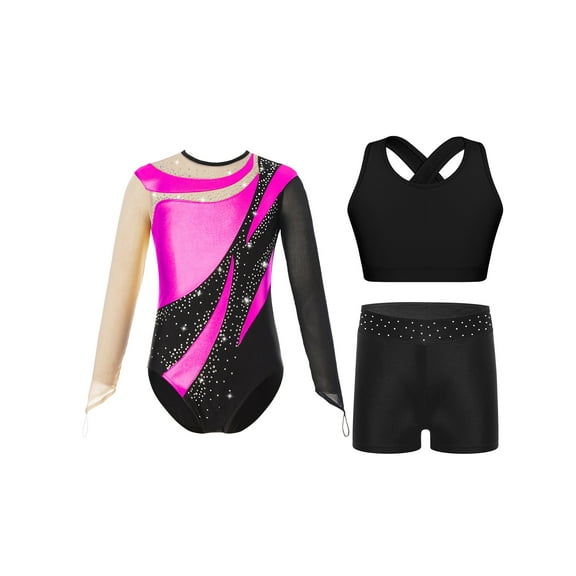 iiniim Kids Girls Long Sleeve Gymnastic Leotard Ballet Bodysuit with Crop Tops Shorts 3Pcs Dancewear Hot Pink 8