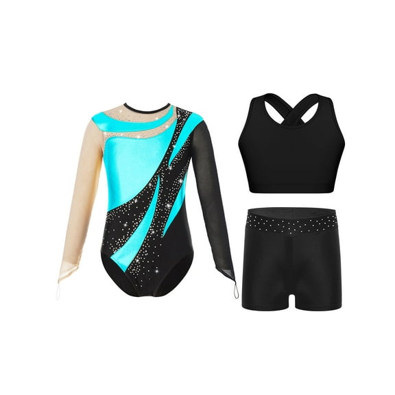 iiniim Kids Girls Long Sleeve Gymnastic Leotard Ballet Bodysuit with Crop Tops Shorts 3Pcs Dancewear Turquoise 14