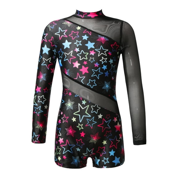 iiniim Kids Girls Long Sleeve Gymnastic Leotard Ballet Dance Biketard Short Unitard Dancewear 6-16 Star Black 14