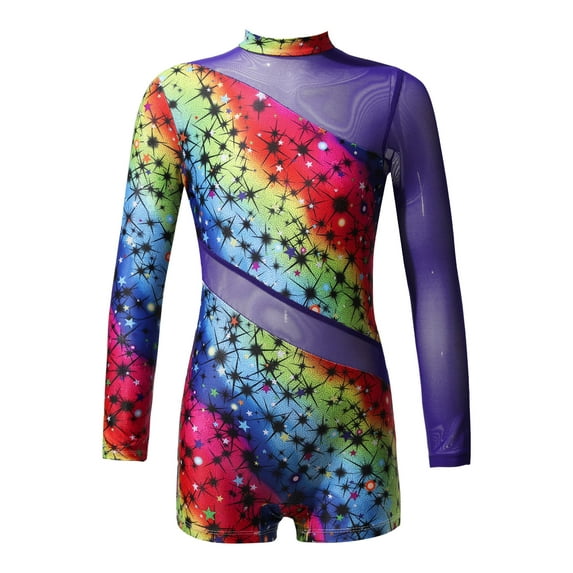 iiniim Kids Girls Long Sleeve Gymnastic Leotard Ballet Dance Biketard Short Unitard Dancewear 6-16 Starry Rainbow 10
