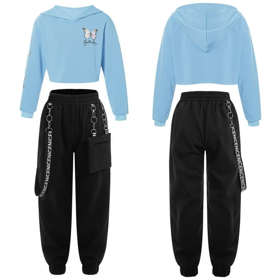 iiniim Kids Girls Long Sleeve Hooded Cropped Sweatshirt Tops with Sweatpants for Hip-hop Dance 8-16 Light Blue 14