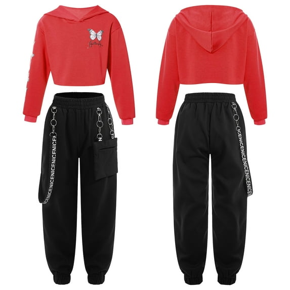 iiniim Kids Girls Long Sleeve Hooded Cropped Sweatshirt Tops with Sweatpants for Hip-hop Dance 8-16 Red 10