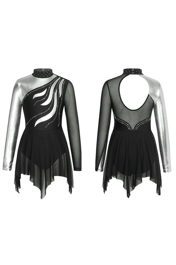 Kids Girls Long Sleeve Ice Figure Skating Dress Rhinestone Roller Skating Performance Competition Costume
