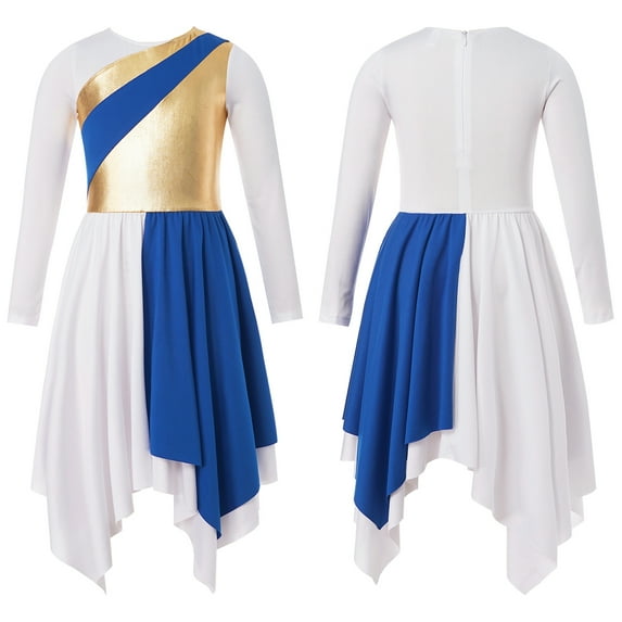 iiniim Kids Girls Long Sleeve Lyrical Performance Asymmetrical Dance Dress A Blue 16