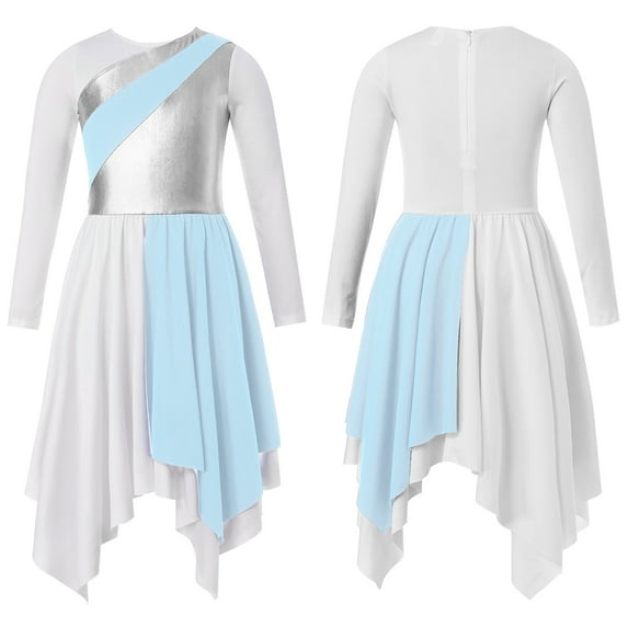 iiniim Kids Girls Long Sleeve Lyrical Performance Asymmetrical Dance Dress Light Blue 8