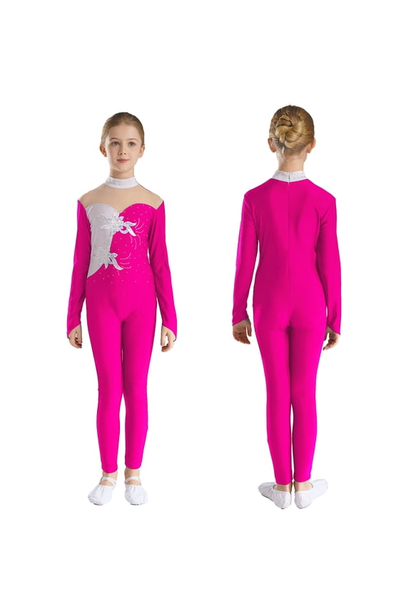 Kids Girls Long Sleeve Mesh Splice Unitard Jumpsuit Dancing Skating Gymnastics Bodysuit Hot Pink 10