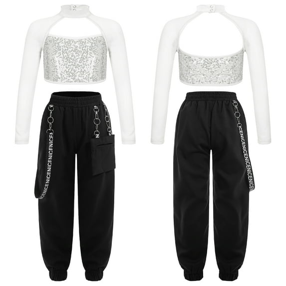 iiniim Kids Girls Long Sleeve Mock Neck Sequins Crop Top with Cargo Jogger Pants for Hip Hop Jazz Street Modern Dance A Silver 14