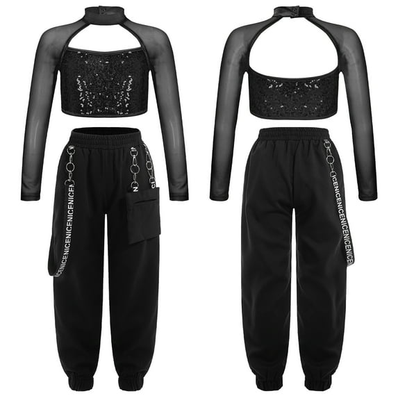 iiniim Kids Girls Long Sleeve Mock Neck Sequins Crop Top with Cargo Jogger Pants for Hip Hop Jazz Street Modern Dance Black 8
