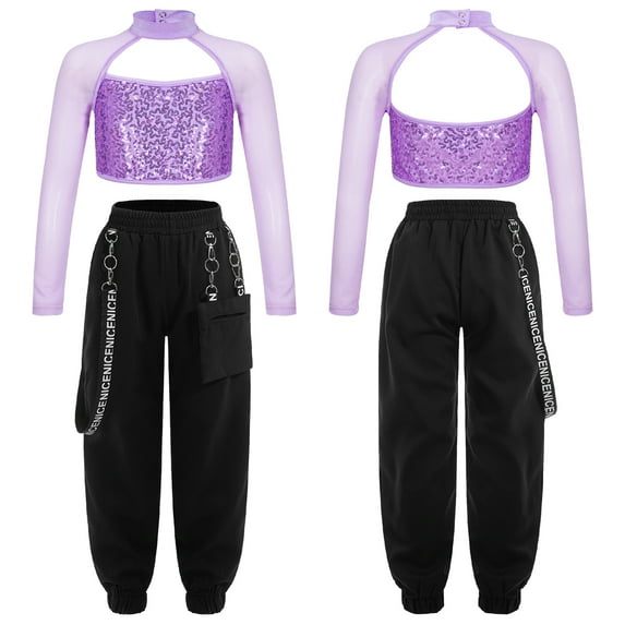 iiniim Kids Girls Long Sleeve Mock Neck Sequins Crop Top with Cargo Jogger Pants for Hip Hop Jazz Street Modern Dance Lavender 16