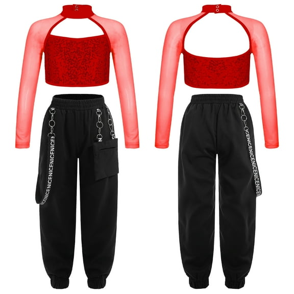 iiniim Kids Girls Long Sleeve Mock Neck Sequins Crop Top with Cargo Jogger Pants for Hip Hop Jazz Street Modern Dance Red 6