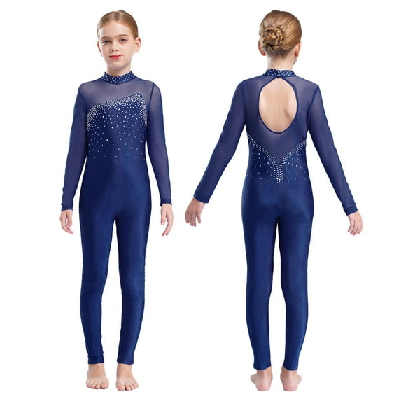 iiniim Kids Girls Long Sleeve Rhinestone Gymnastics Leotard Unitard Full Body One Piece Figure Ice Skating Jumpsuit Bodysuit