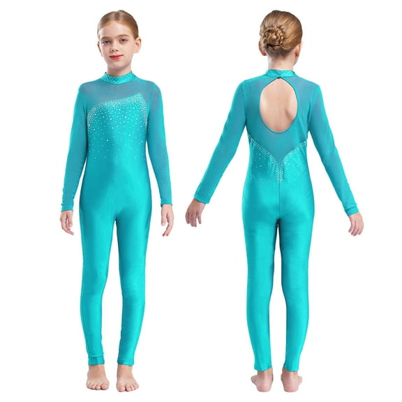 iiniim Kids Girls Long Sleeve Rhinestone Gymnastics Leotard Unitard Full Body One Piece Figure Ice Skating Jumpsuit Bodysuit