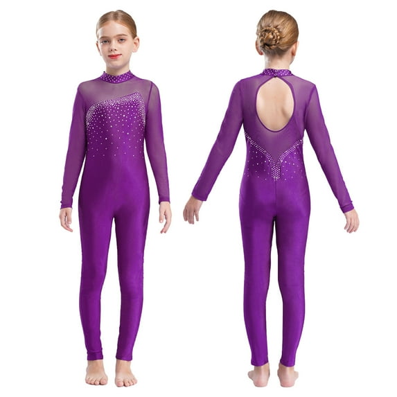 iiniim Kids Girls Long Sleeve Rhinestone Gymnastics Leotard Unitard Full Body One Piece Figure Ice Skating Jumpsuit Bodysuit