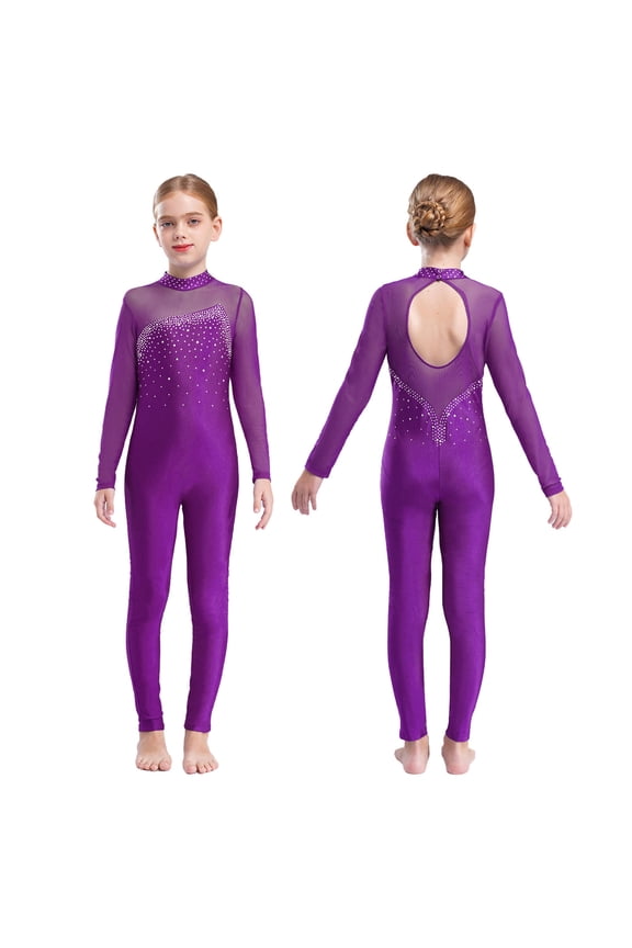 Kids Girls Long Sleeve Rhinestone Gymnastics Leotard Unitard Full Body One Piece Figure Ice Skating Jumpsuit Bodysuit
