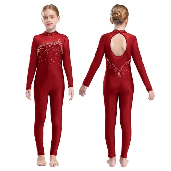 iiniim Kids Girls Long Sleeve Rhinestone Gymnastics Leotard Unitard Full Body One Piece Figure Ice Skating Jumpsuit Bodysuit