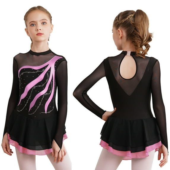 iiniim Kids Girls Long Sleeve Sequins Printing Ice Roller Figure Skating Dress Ballet Dancewear Size 6-16 Pink 12