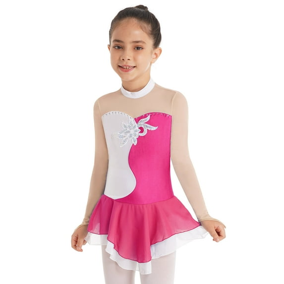 iiniim Kids Girls Long Sleeve Skirted Leotards Ballet Figure Ice Skating Dance Dress 6-16