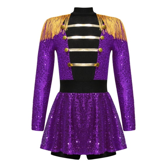 iiniim Kids Girls Long Sleeve Tassel Epaulet Shiny Sequins Dress Jumpsuit Stage Performance Purple 6
