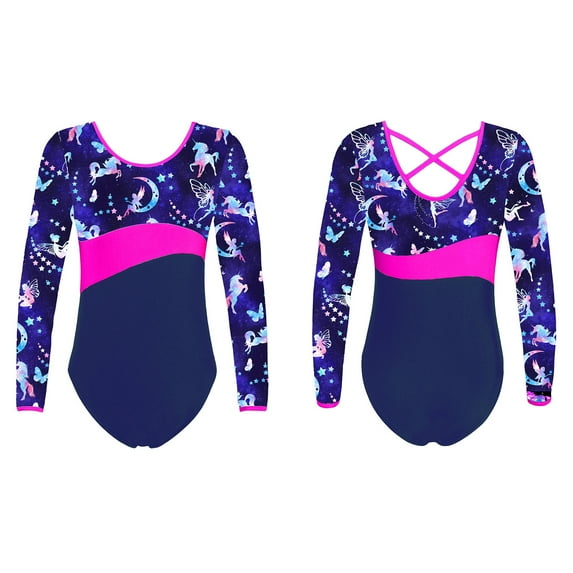 iiniim Kids Girls Long Sleeves Ballet Leotard Junior Criss Cross Back Gymnastics Dance Bodysuit Size 4-16 Fairy Navy 12