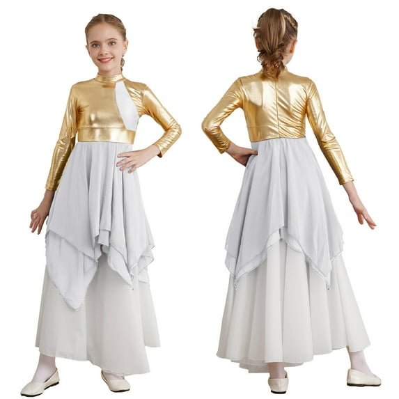 iiniim Kids Girls Long Sleeves Metallic Chiffon Lyrical Dance Tunic Overlay Dress Size 6-16 A White 12