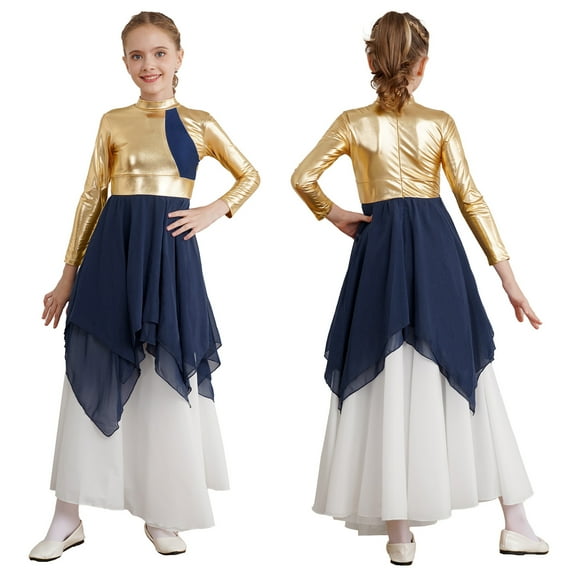 iiniim Kids Girls Long Sleeves Metallic Chiffon Lyrical Dance Tunic Overlay Dress Size 6-16 Navy Blue 14