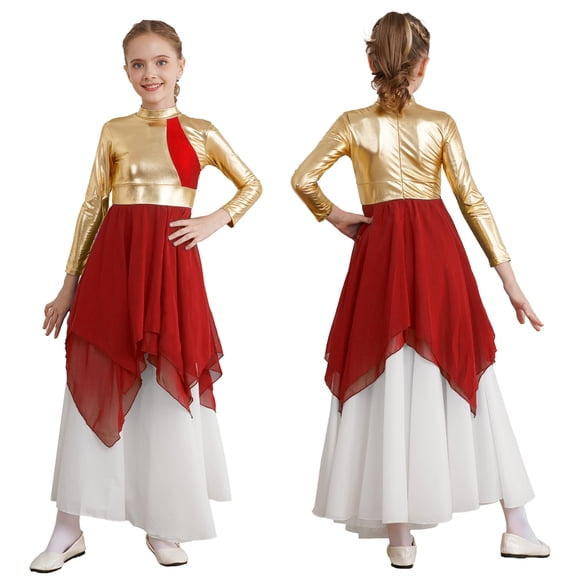 iiniim Kids Girls Long Sleeves Metallic Chiffon Lyrical Dance Tunic Overlay Dress Size 6-16 Red 16