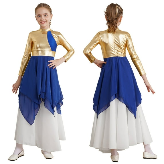 iiniim Kids Girls Long Sleeves Metallic Chiffon Lyrical Dance Tunic Overlay Dress Size 6-16 Royal Blue 10