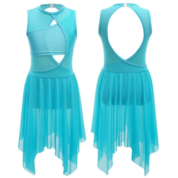 iiniim Kids Girls Lyrical Ballet Leotard Dress Cut Out Front Backless Mesh Tulle Skirt Dancewear Blue-green 10