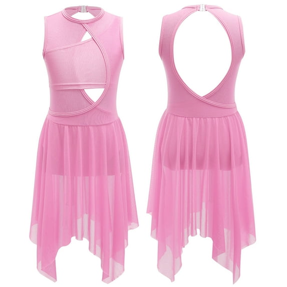 iiniim Kids Girls Lyrical Ballet Leotard Dress Cut Out Front Backless Mesh Tulle Skirt Dancewear Pink 6