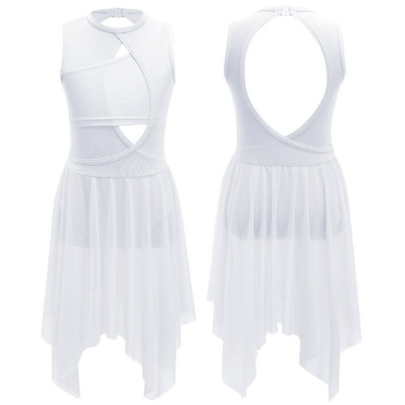 iiniim Kids Girls Lyrical Ballet Leotard Dress Cut Out Front Backless Mesh Tulle Skirt Dancewear White 12