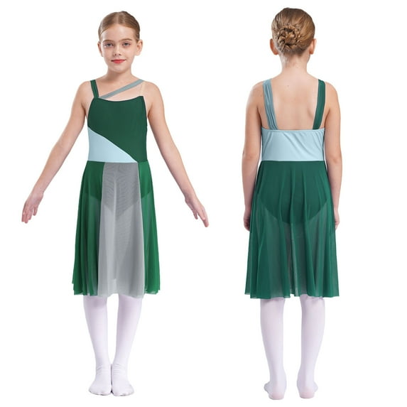 iiniim Kids Girls Lyrical Contemporary Dress Sleeveless Color Patchwork Leotard with Tulle Skirt Dance Costume