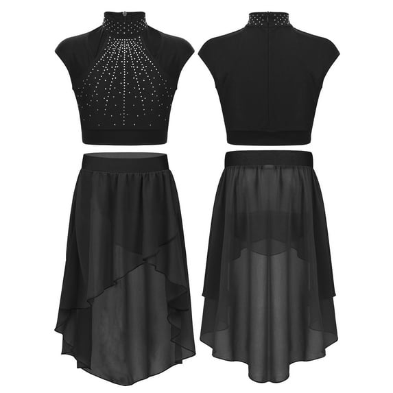 iiniim Kids Girls Lyrical Dress Rhinestone Crop Top with Asymmetric Skirt Skating Dancewear Black 8