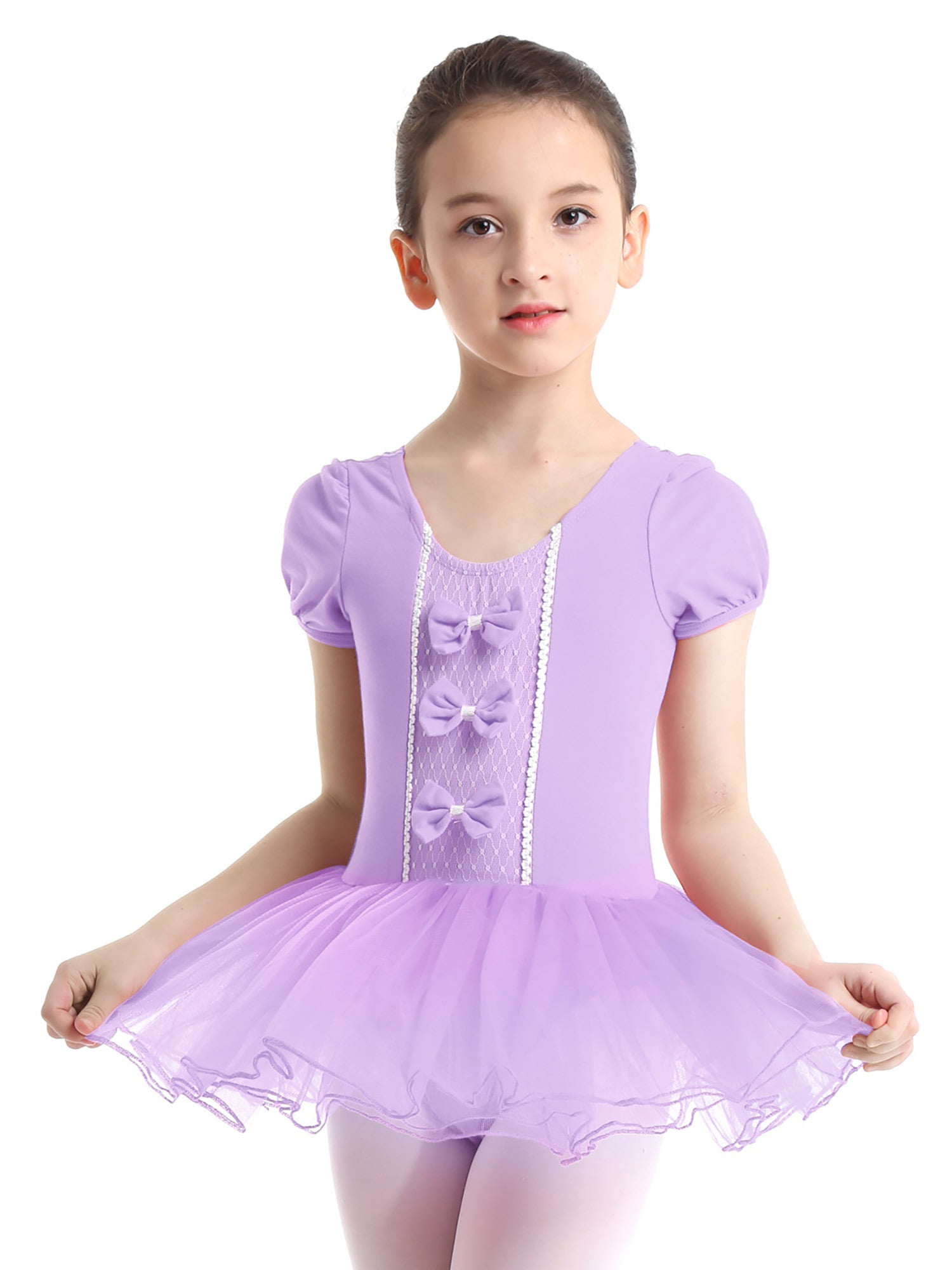 iiniim Kids Girls Lyrical Short Sleeves Floral Lace Splice Ballet Tutu  Dress Leotard Dance Costumes 