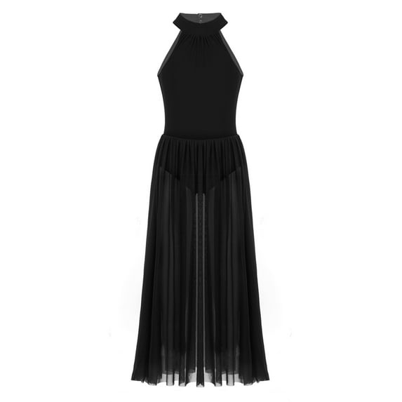 iiniim Kids Girls Lyrican Dance Dress Modern Contemporary Ballet Leotard with Mesh Maxi Skirts Size 8-16 Black 14