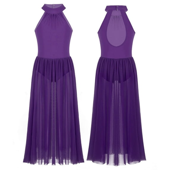 iiniim Kids Girls Lyrican Dance Dress Modern Contemporary Ballet Leotard with Mesh Maxi Skirts Size 8-16 Purple 14