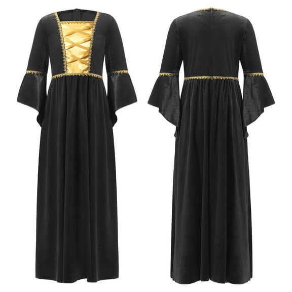 iiniim Kids Girls Medieval Princess Costume Long Flared Sleeve High Waist Maxi Dress Halloween 6-16 Black 8