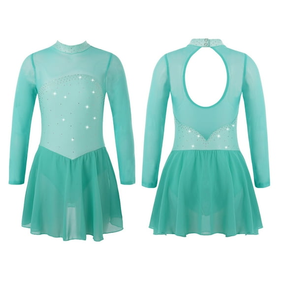 iiniim Kids Girls Mesh Shiny Rhinestones Keyhole Back Figure Ice Skating Roller Skating Dress Size 4-16 Mint Green 14