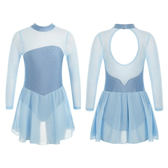 iiniim Kids Girls Mesh Shiny Rhinestones Keyhole Back Figure Ice Skating Roller Skating Dress Size 4-16 Sky Blue 6