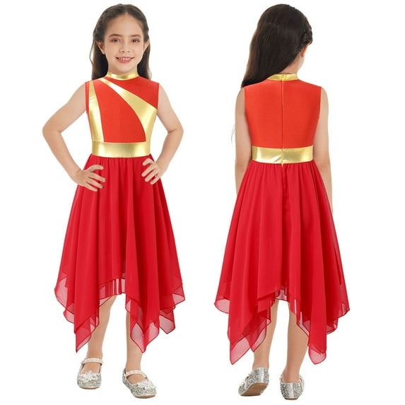 iiniim Kids Girls Metallic Color Block Sleeveless Lyrical Dance Dress Size 6-16 A Red 14
