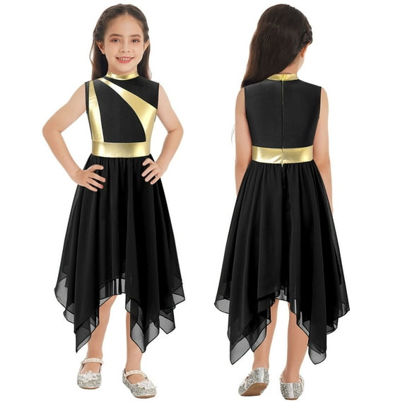 iiniim Kids Girls Metallic Color Block Sleeveless Lyrical Dance Dress Size 6-16 Black 10